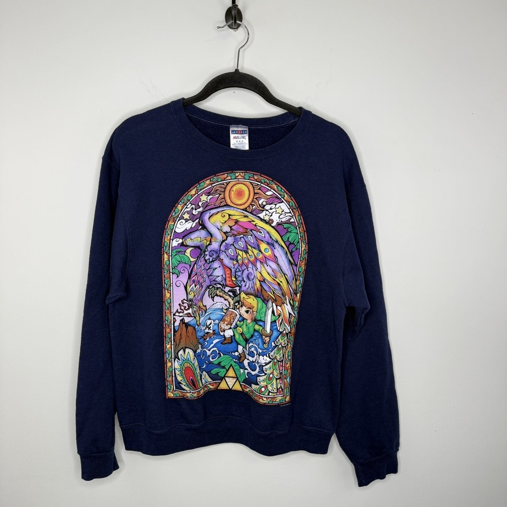 The Legend of Zelda Nintendo 2015 Stained Glass Link Blue Crewneck Sweatshirt M